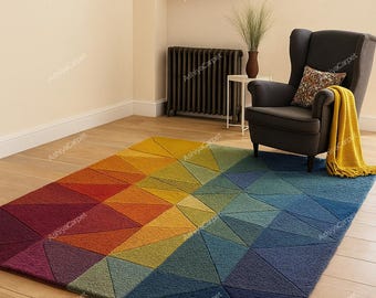 Alfombra geométrica colorida: alfombra tejida a mano con degradado arcoíris / Alfombra moderna multicolor con patrón triangular para alfombra personalizada de AshiyaCarpet