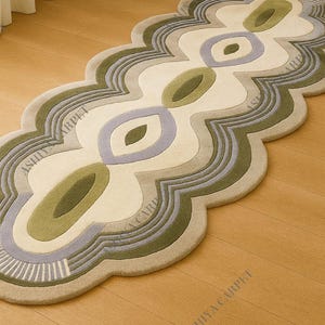 Getufteter Läufer mit organischer Form | Gewellter moderner Wollteppich, abstrakter neutraler langer Teppich, Läufer für Flur, Eingangsbereich und Galeriebereich