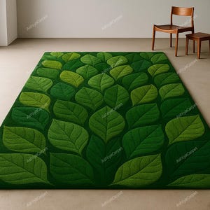 Green Leaf Pattern Rug – Nature-Inspired Botanical Carpet for Living Room | Eco Jungle Style Area Rug | Handmade Leaf Design Floor Mat |