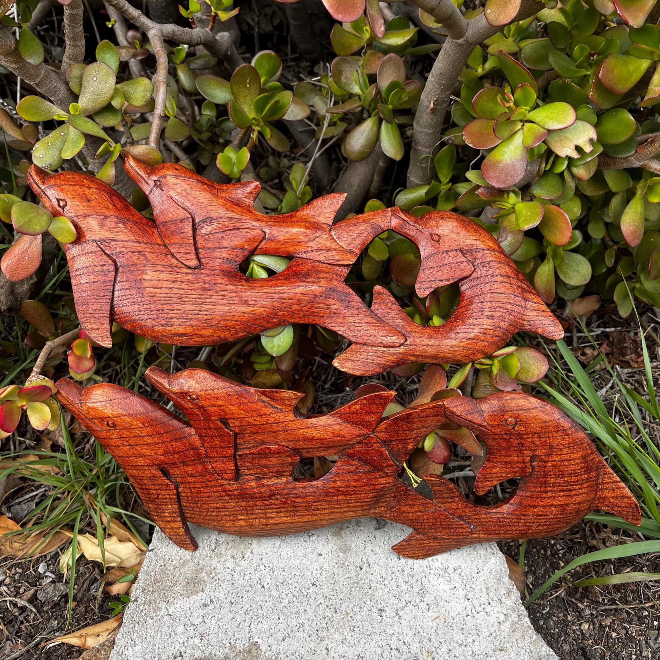Tropical Hand carved wooden dolphin pod wall plaque set of 2 from Bali-16x5 inches
