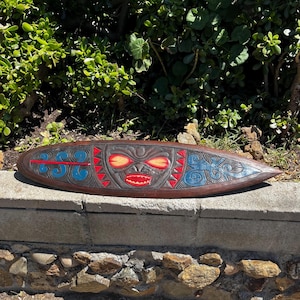 Hand-Crafted Wooden Polynesian Marquesan Tiki Bar Surfboard Wall Plaque – Tropical Home Bar Decor from Bali (39x10 Inches)
