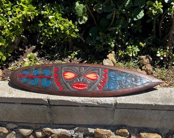 Hand-Crafted Wooden Polynesian Marquesan Tiki Bar Surfboard Wall Plaque – Tropical Home Bar Decor from Bali (39x10 Inches)