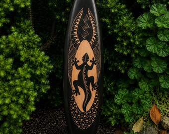 Hand-Carved Wooden Gecko Tribal Surfboard Wall Decor – 32" x 8"