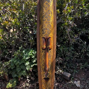 Hand carved painted wooden tribal tiki mask with dot art wall hanging from Bali- 5 ft' 62x11.5 inches