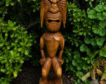 Hand-Carved Monkey Pod Wood Ku Tiki God Sculpture – 40" x 10"