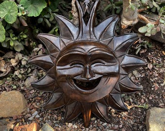Hand-Carved Hippie Happy Smiling Sun Mask Wall Plaque – Boho Tropical Decor from the Philippines (17x15 Inches)