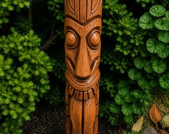 Hand-Carved Palm Wood Maori Style Tiki Totem – Indoor/Outdoor | 40" x 9"