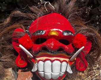 Hand-Carved Painted Wooden Tiki Barong Mask with Hair & Teeth – Balinese Tribal Wearable Wall Hanging Decor (12x11x8")