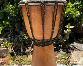 Hand carved wooden goat skin tribal djembe hand drum from Bali-12x7 inches