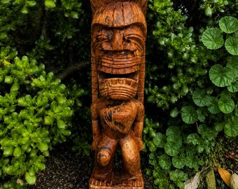 Hand-Carved Monkey Pod Wood Kanaloa Tiki God Sculpture – Hawaii Museum Replica | 32" x 7.5"