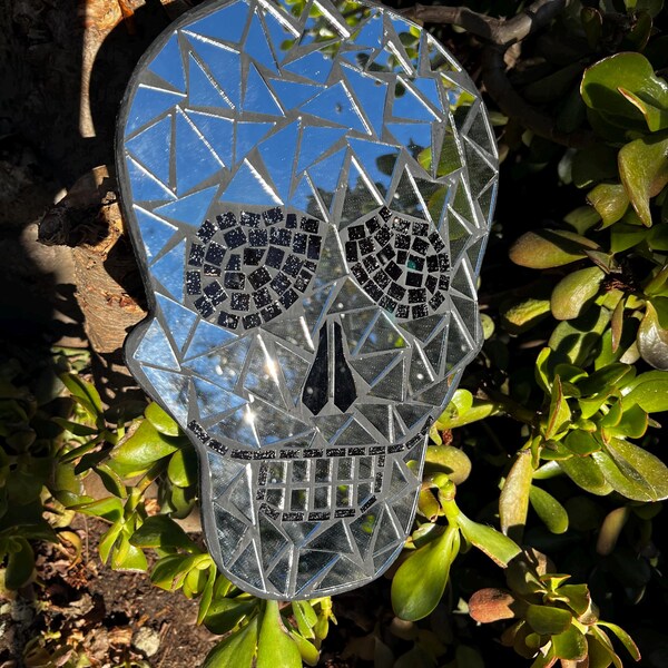 Hand carved wooden glass mosaic skeleton skull mirror wall hanging from Bali-11.5x7 inches