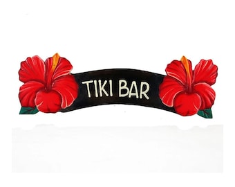 Hand-Carved Albesia Wood Hibiscus Tiki Bar Sign – 20" x 6"