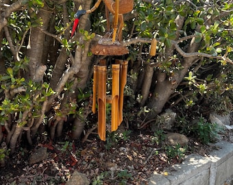 All-natural Eco-friendly Hand carved wooden bamboo coconut fiber bird windchime mobile hanging from Bali-31/14x11 inches