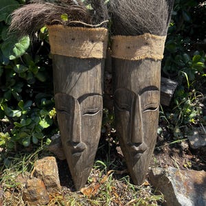 African Style Handcrafted Wooden Primitive Tribal Tiki Bar Mask Wall Hanging Decor – Set of 2 from Bali-21x7 inches