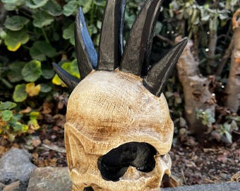 Rustic Tiki Style Hand-Carved Wooden Punk Rock Skeleton Skull with Mohawk – Rock ’n’ Roll Sculpture Head from Bali-14x7 Inches