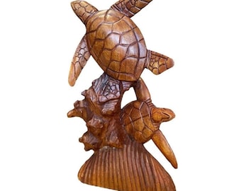 Hand-Carved Standing Hawaiian Sea Turtle Wooden Sculpture (16x9.5 inches)