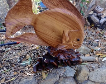 Hand-Carved Mahogany Wooden Discus Fish on Coral Reef Sculpture – Tropical Marine Art Coastal Home Decor from Bali (20x21x7 Inches)