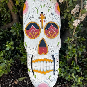 Mexican style day of the dead Día de los Muertos Hand carved painted wooden skull with cross wall hanging from Bali-38x14 inches