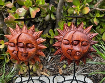 Hand carved wooden sun & moon circle candle holders set of 2 from Bali-9x5 inches