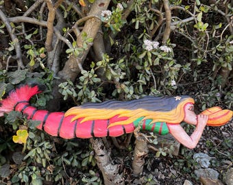 Tropical Hand-Carved Painted Wooden Mermaid & Shrimp Sea Life Wall Plaque – Nautical Animal Decor Hanging-38x8 Inches