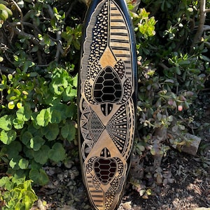 Handcrafted Wooden Tribal Hawaiian Ohana Honu Tiki Surfboard Wall Plaque Decor Hanging from Bali-39x10 inches