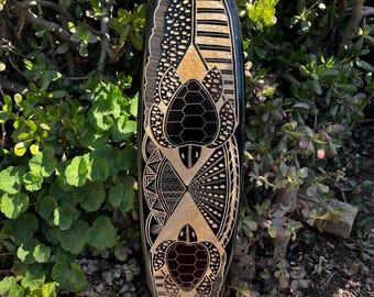 Handcrafted Wooden Tribal Hawaiian Ohana Honu Tiki Surfboard Wall Plaque Decor Hanging from Bali-39x10 inches
