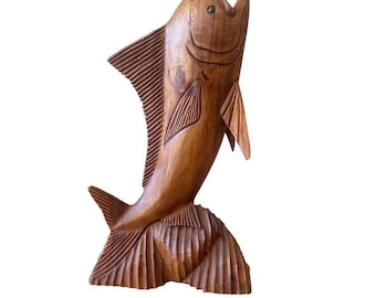 Hand-Carved Standing Mahi-Mahi Wooden Sculpture (16x9 Inches)