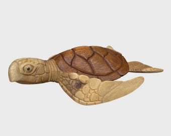 Hawaiian Hand-Carved Wooden Sea Turtle Honu Sculpture from Monkey Pod Wood – 12"-13" x 9.25"
