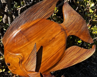 Hand-Carved Mahogany Wooden Discus Fish on Coral Reef Sculpture – Tropical Marine Art Coastal Home Decor from Bali (20x21x7 Inches)