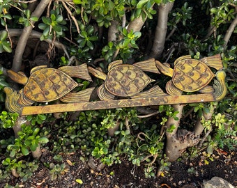 Tropical Rustic Handcrafted Wooden “Gold” Sea Turtle Family Wall Plaque Decor – Coastal Nautical Decor Art from Bali (40x9 Inches)