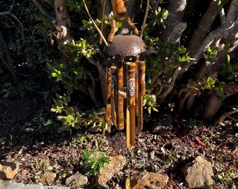Handcrafted Bamboo & Coconut Wind Chime Burring Man Skeleton Art Patio Garden Decor from Bali-40x8 inches