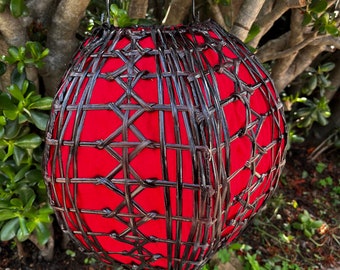 Hand carved wooden bamboo candle lantern roof hanging from Bali-14x14 inches