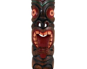 Hand-Carved Albesia Wood Crazy Tongue Tiki Mask – 20" x 6"