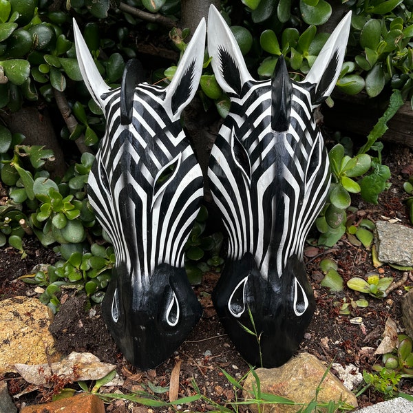 African style Hand carved wooden zebra face wall hangings set of 2 from Bali-16x6 inches