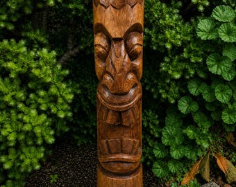 Hand-Carved Royal Palm Wood Laughing Tiki Statue – Indoor/Outdoor | 40"