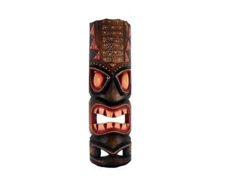 Hand-Carved Albesia Wood Hawaiian Dot Art Tiki Mask – 20" x 6"