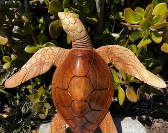 Hawaiian Hand-Carved Wooden Sea Turtle Honu Sculpture Statue from Bali-14x12 inches