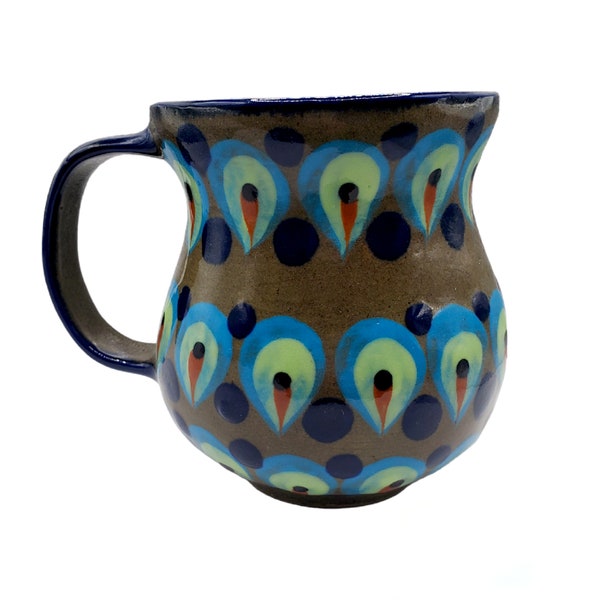 Ken Edwards Pottery Coffee Mug Hand Painted Navy Green Peacock Guatemala