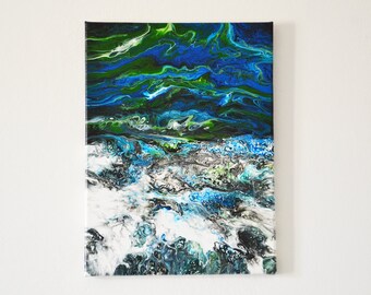 Modern abstract painting in acrylic, hand painted and varnished Pouring Technique -  size 30 x 40 cm - Landscape - Canvas in 100% cotton