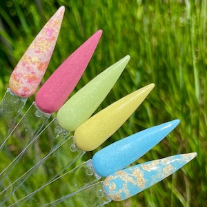 Springtime Bloom dip powder Collection, pastel spring foil flake nail dip powder, solid colored acrylic nails for summer