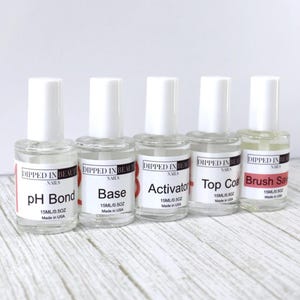 Dip Powder Liquids Set – Base, Activator, Top Coat, Brush Saver, pH Bond – Low Odor – Nail Dipping System