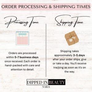 May include: An informational graphic titled ORDER PROCESSING & SHIPPING TIMES. It features a calendar icon for processing time of 5-7 business days and a brown gift box icon for shipping time of 3-5 days. The text Dipped In Beauty Nails is at the bottom.