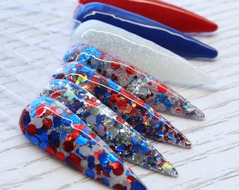 Star-Spangled Sparkle dip powder collection, Independence Day nails, patriotic dip powder for 4th of July nails, glow in the dark dip powder