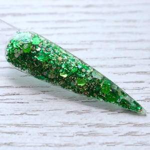 Autumn Leaves - dip powder, green and gold glitter with green foil flakes for fall and autumn nail dip nail designs