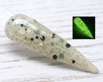 Mummy Glow: polvo de inmersión que brilla en la oscuridad para uñas de Halloween, polvo de inmersión con brillantina negra para uñas.