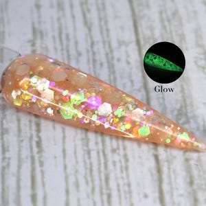 Georgia Glow - pastel orange glitter dip powder, glow in the dark nail dipping powder