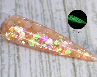Georgia Glow - polvo para inmersión con brillantina de color naranja pastel, polvo para inmersión de uñas que brilla en la oscuridad