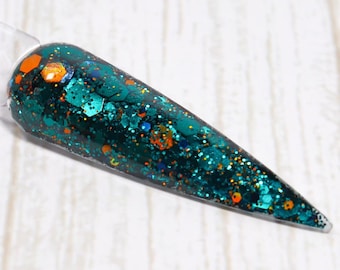 Deep Timber Dip Powder - Türkisgrünes & Orangefarbenes Glitzernagel-Tauchpulver