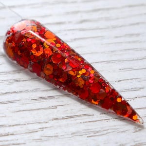 Bonfire Nights - fall dip powder, orange and red chunky glitter blend for autumn nails