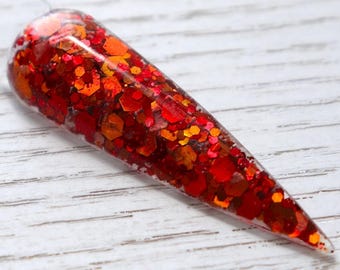 Bonfire Nights: polvos de inmersión otoñales, mezcla de brillo grueso naranja y rojo para uñas otoñales.